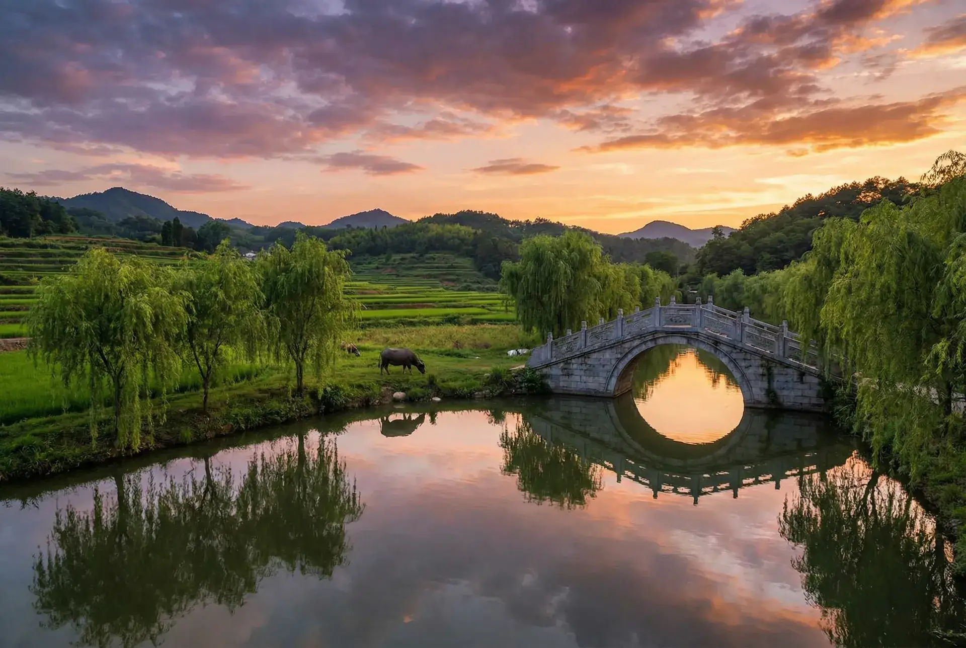 夕阳下的石拱桥与垂柳，水牛在河边吃草 - 天刀手游捏脸数据 乡村美景