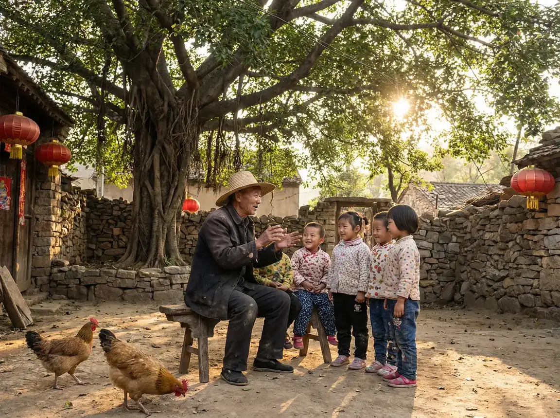 老人在大榕树下给孩子们讲故事 - 天刀手游捏脸数据 乡村记忆